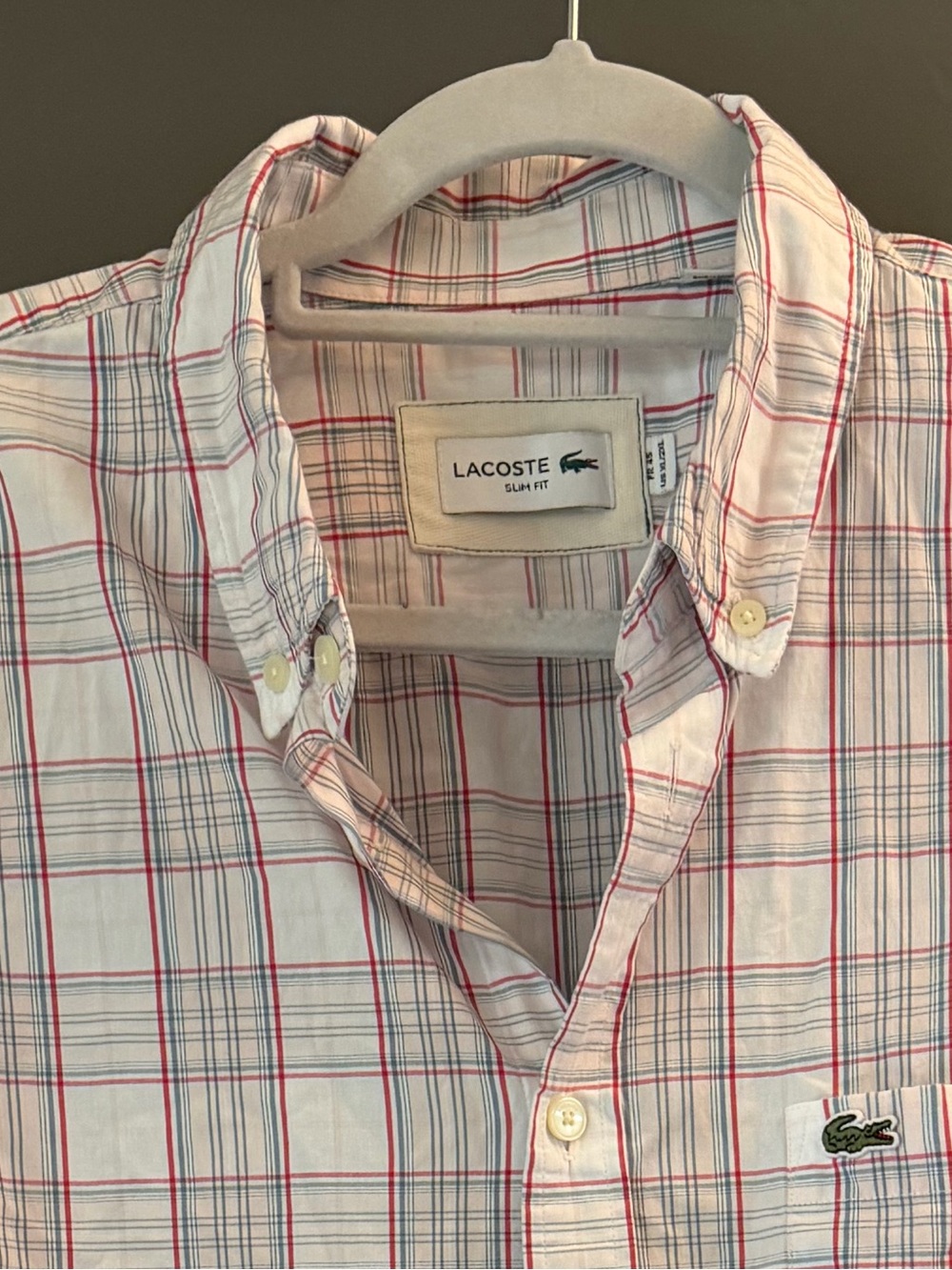 Lacoste Men’s Slim Fit White Plaid Button-Down Shirt us XL /2XL